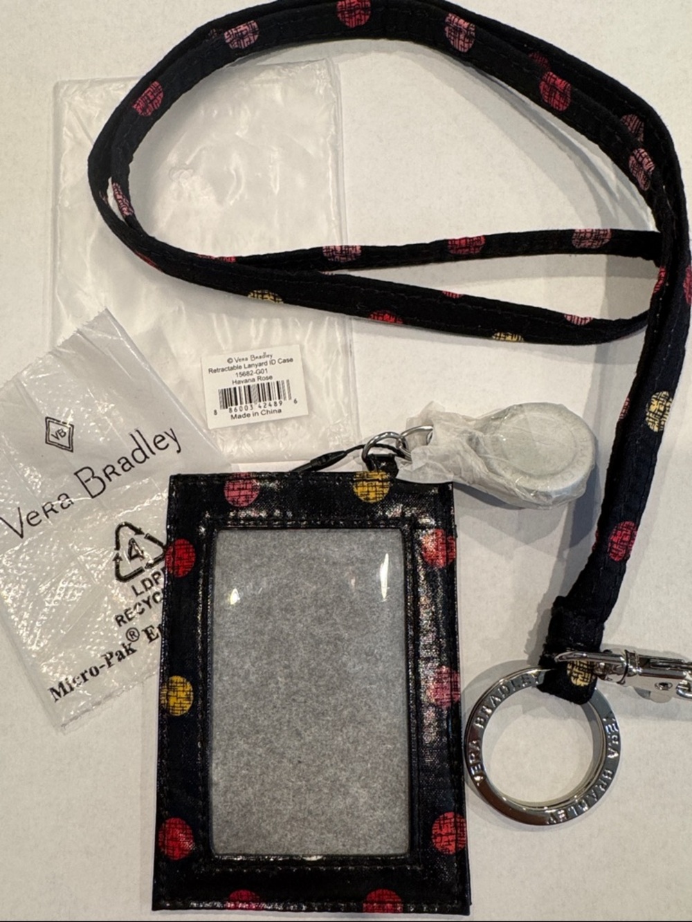 Vera Bradley Black Lanyard with Red, Pink & Yellow Polka Dot ID Holder